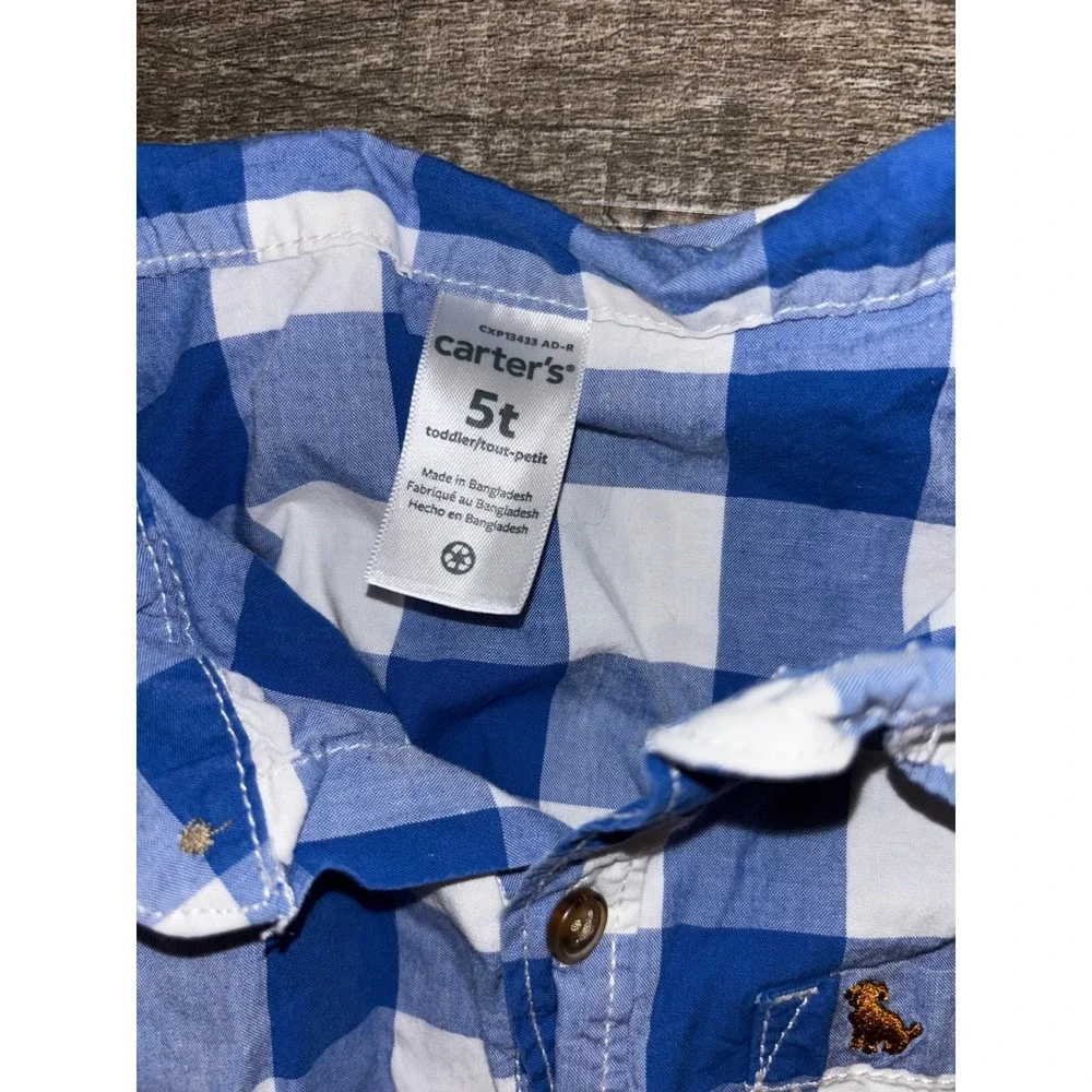 Carters Toddler Boys Blue White Gingham Plaid Button Down Shirt Size 5T